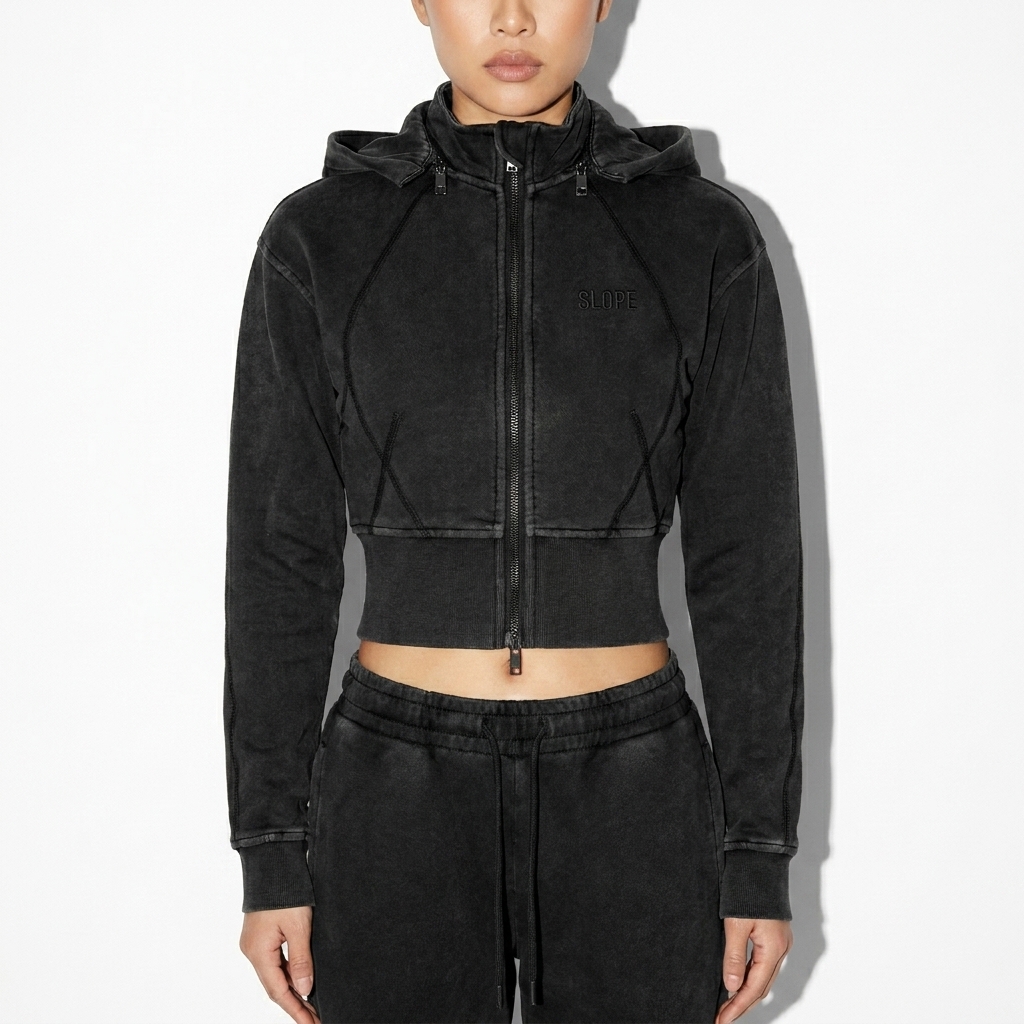 Vintage Washed Cropped Fleece Hoodie worn by a petite Vietnamese female fashion influencer, sporty athleisure styling, studio lookbook — custom vintage washed cropped fleece hoodie