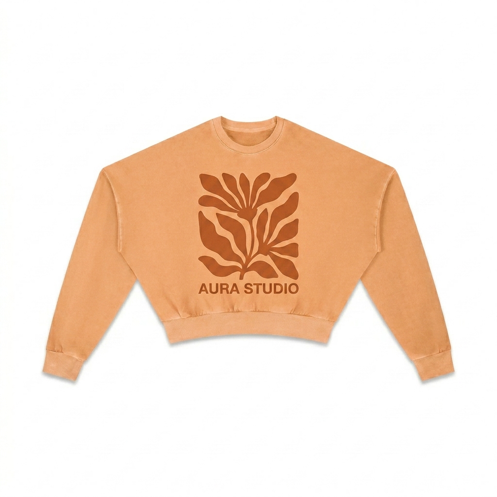 Custom Vintage Washed Cropped Sweatshirt design direction 2: Abstract Botanical Graphic featuring the AURA STUDIO wordmark