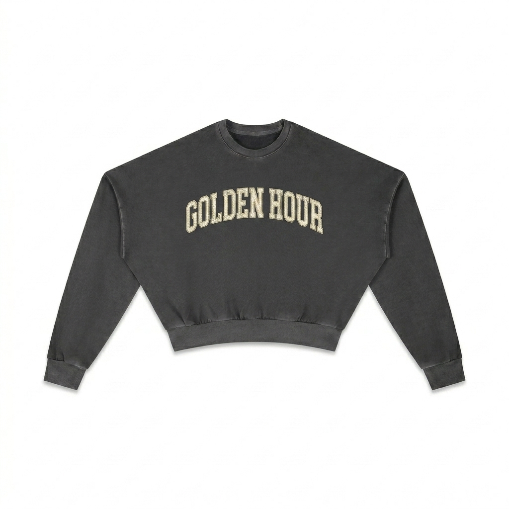 Custom Vintage Washed Cropped Sweatshirt design direction 3: Varsity Lettering featuring the GOLDEN HOUR wordmark