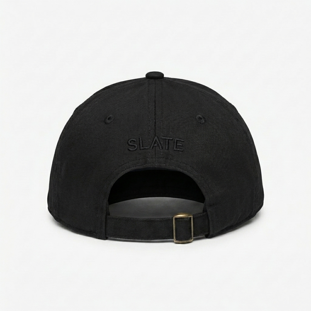 Custom Vintage Washed Dad Cap design direction 1: Tonal Minimalist Wordmark featuring the SLATE wordmark