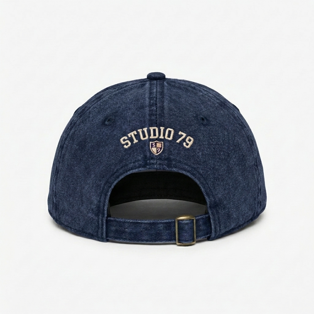Custom Vintage Washed Dad Cap design direction 3: Retro Collegiate Emblem featuring the STUDIO 79 wordmark