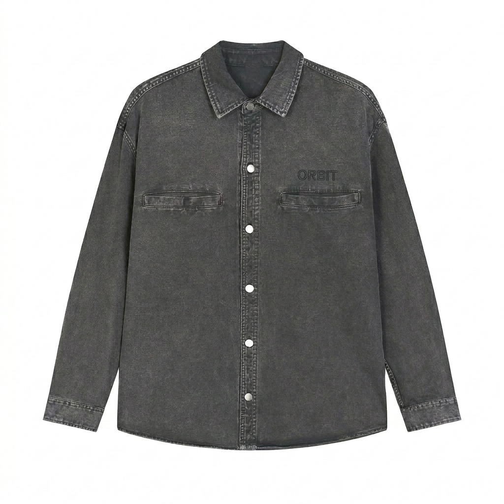 Custom Vintage Washed Denim Jacket design direction 1: Tonal Minimalist Wordmark featuring the ORBIT wordmark