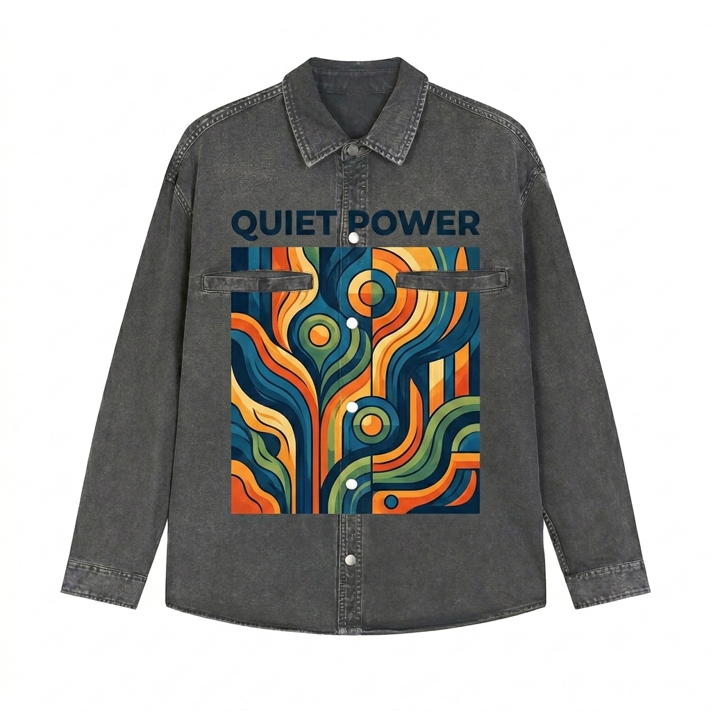 Custom Vintage Washed Denim Jacket design direction 2: Bold Abstract Graphic featuring the QUIET POWER wordmark