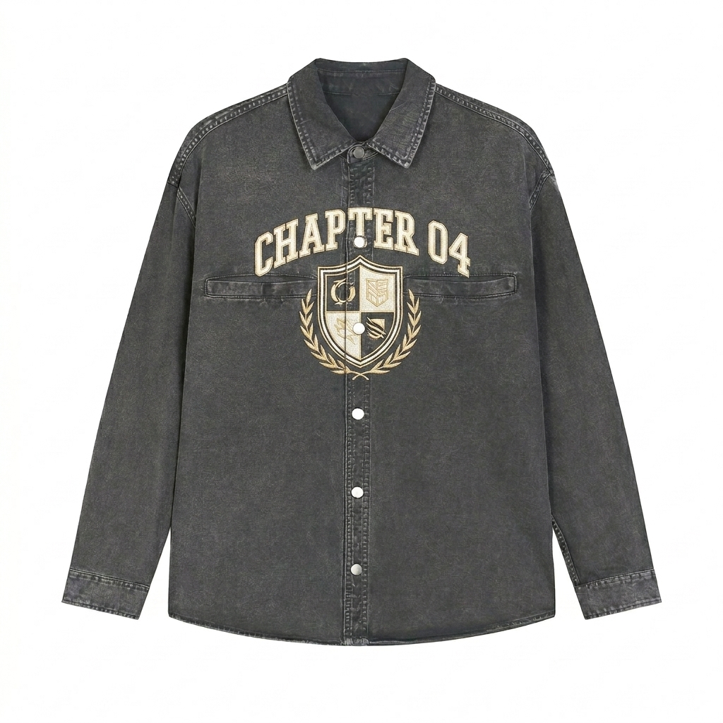 Custom Vintage Washed Denim Jacket design direction 3: Retro Collegiate Emblem featuring the CHAPTER 04 wordmark