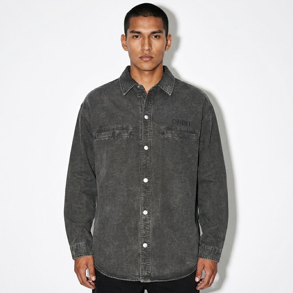 Vintage Washed Denim Jacket worn by a lean Indigenous American male fashion influencer, preppy ivy styling, studio lookbook — custom vintage washed denim jacket