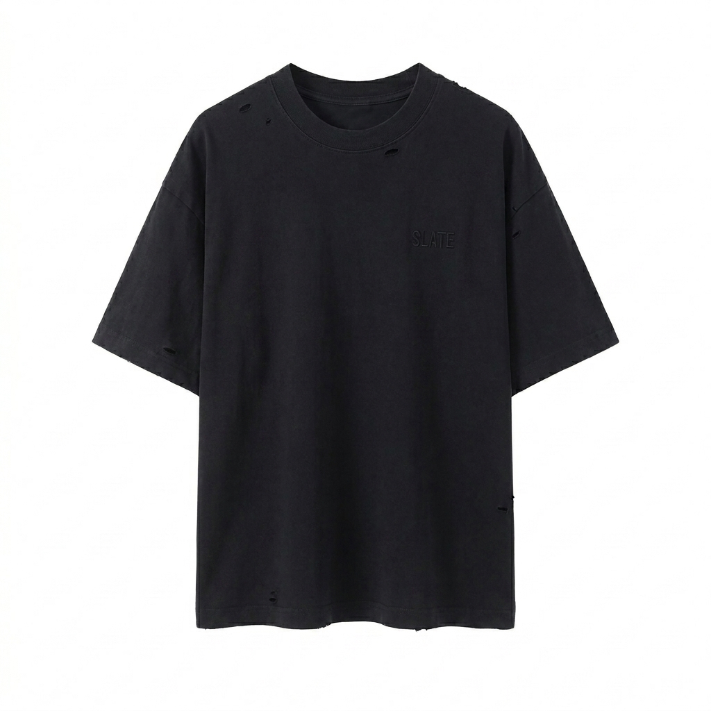 Custom Vintage Washed Distressed Boxy Oversized T-Shirt design direction 1: Tonal Minimalist Wordmark featuring the SLATE wordmark
