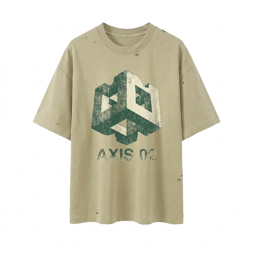 Custom Vintage Washed Distressed Boxy Oversized T-Shirt design direction 2: Bold Abstract Graphic featuring the AXIS 02 wordmark