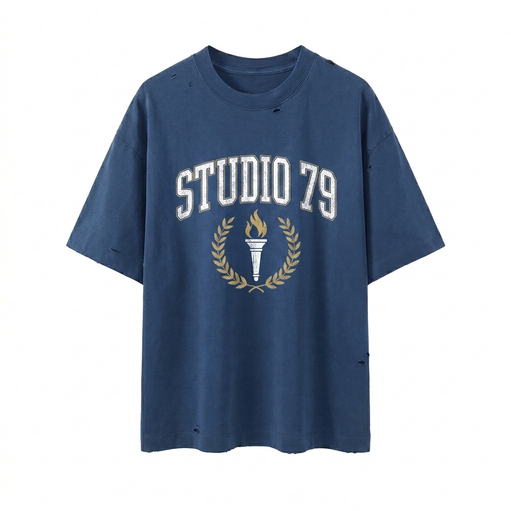 Custom Vintage Washed Distressed Boxy Oversized T-Shirt design direction 3: Retro Collegiate Emblem featuring the STUDIO 79 wordmark