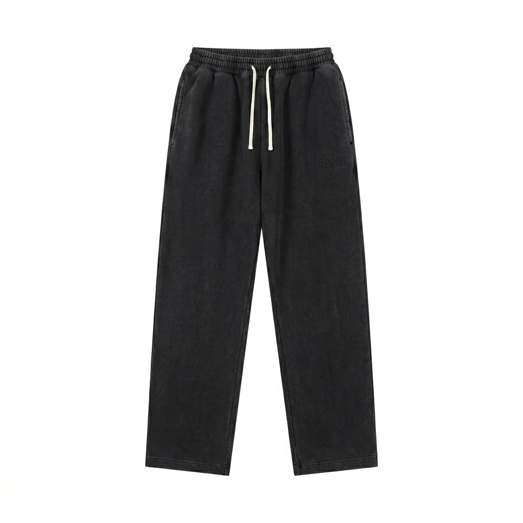 Custom Vintage Washed Drawstring Sweatpants design direction 1: Tonal Minimalist Wordmark featuring the BASIN wordmark