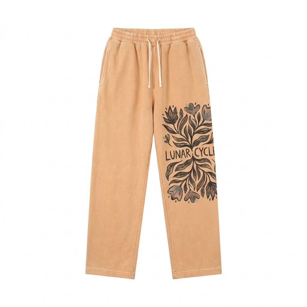 Custom Vintage Washed Drawstring Sweatpants design direction 2: Bold Botanical Graphic featuring the LUNAR CYCLE wordmark