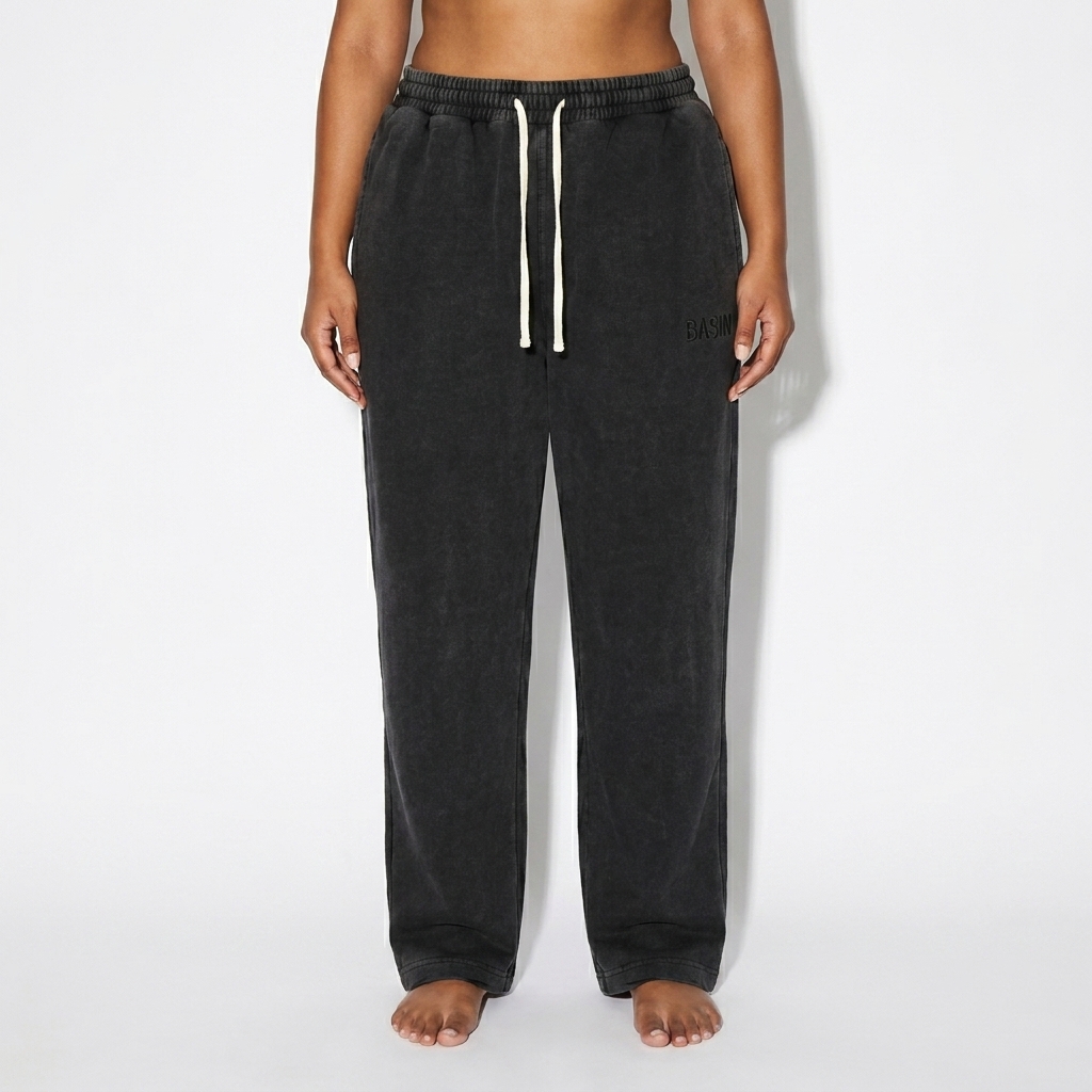 Vintage Washed Drawstring Sweatpants worn by a curvy South Asian female fashion influencer, editorial avant-garde styling, studio lookbook — custom vintage washed drawstring sweatpants