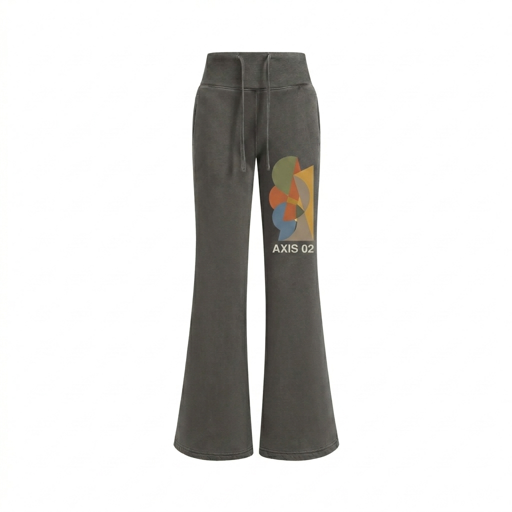Custom Vintage Washed Flared Fleece Pants design direction 2: Abstract Geometric Graphic featuring the AXIS 02 wordmark