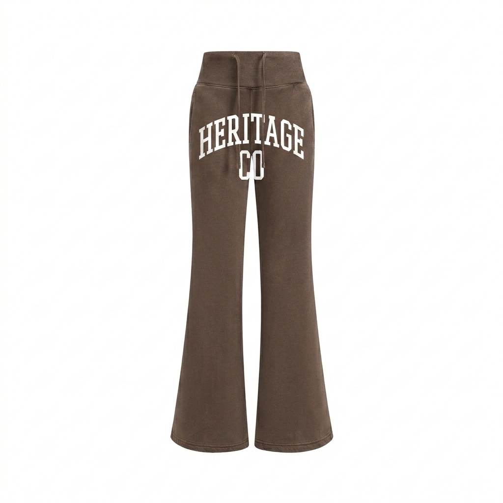 Custom Vintage Washed Flared Fleece Pants design direction 3: Retro Collegiate Stacked Text featuring the HERITAGE CO wordmark