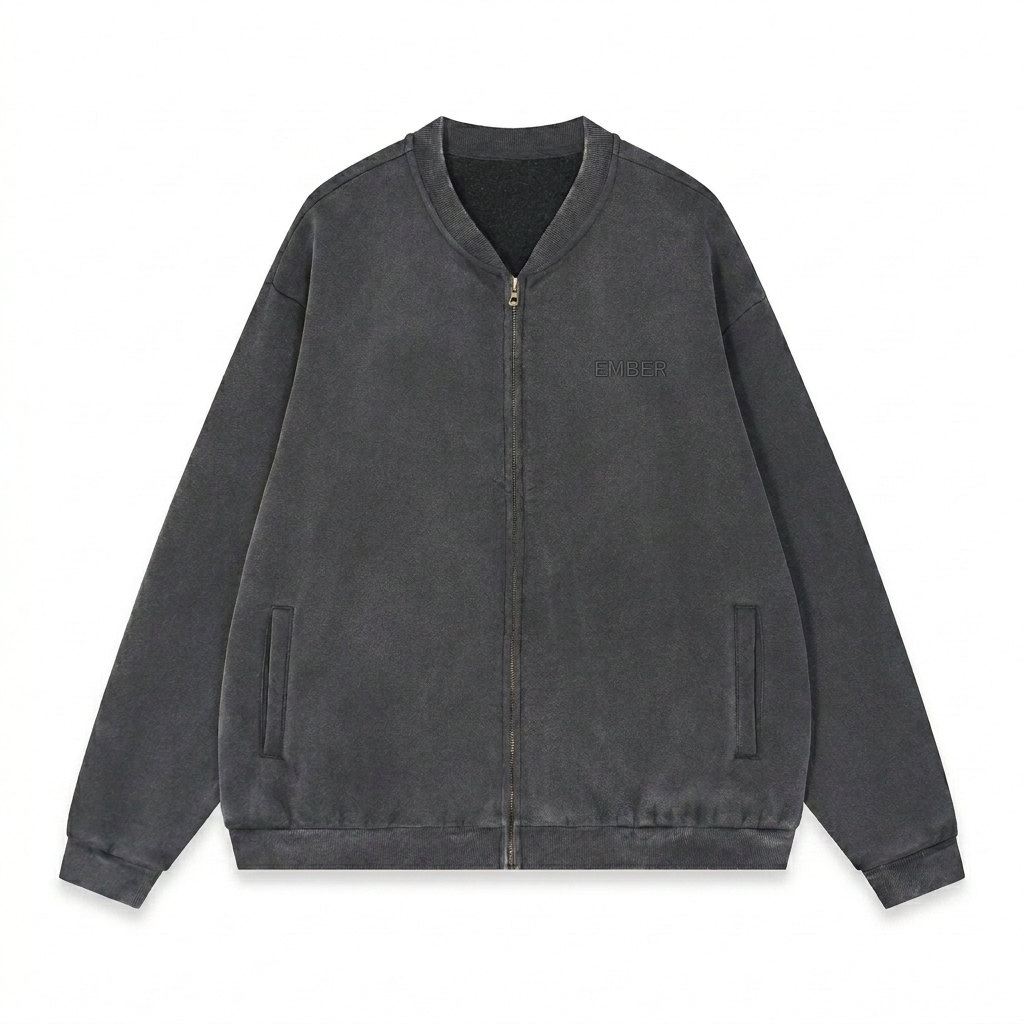 Custom Vintage Washed Fleece Baseball Jacket design direction 1: Tonal Minimalist Wordmark featuring the EMBER wordmark