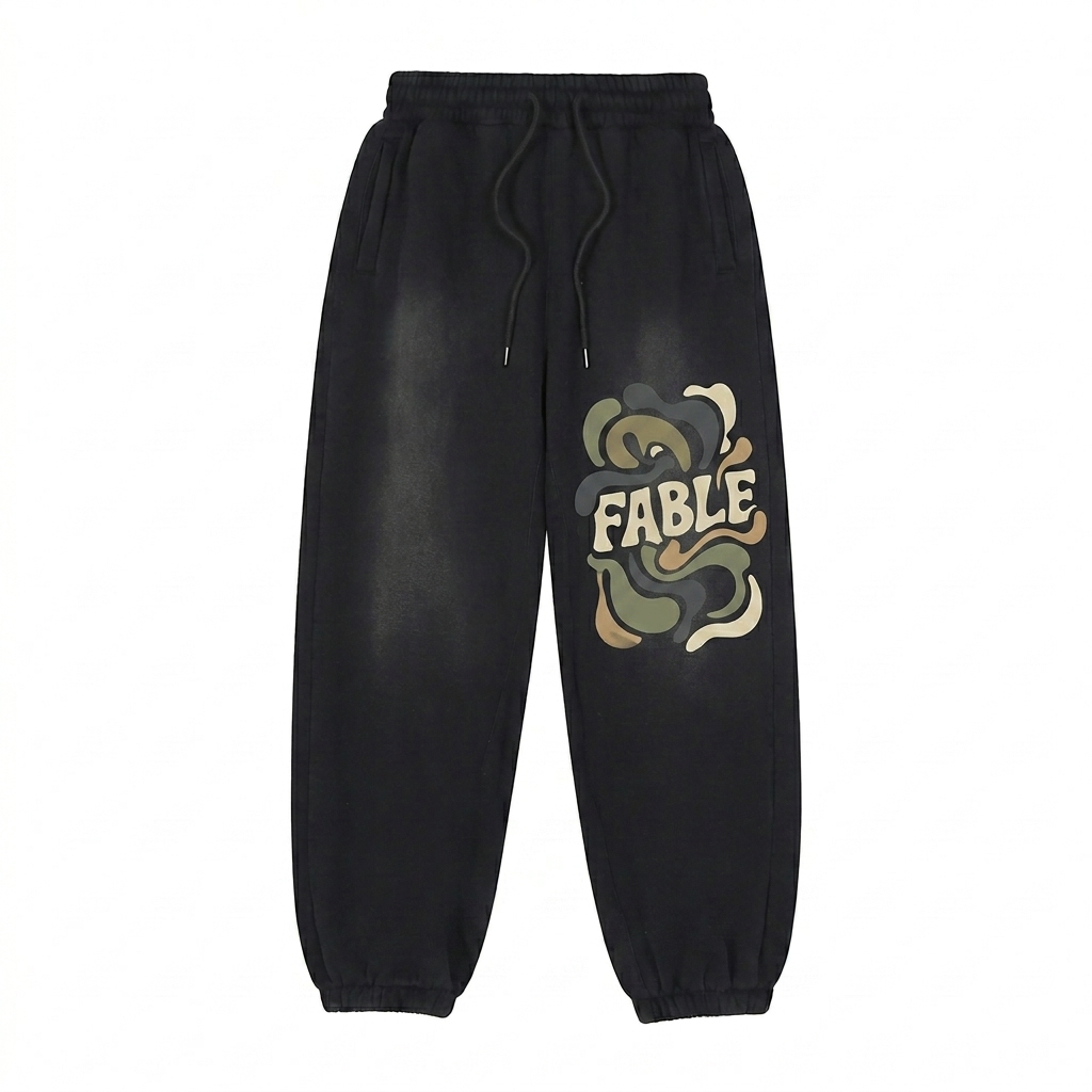 Custom Vintage Washed Fleece Jogger Sweatpants design direction 2: Abstract Graphic Panel featuring the FABLE wordmark