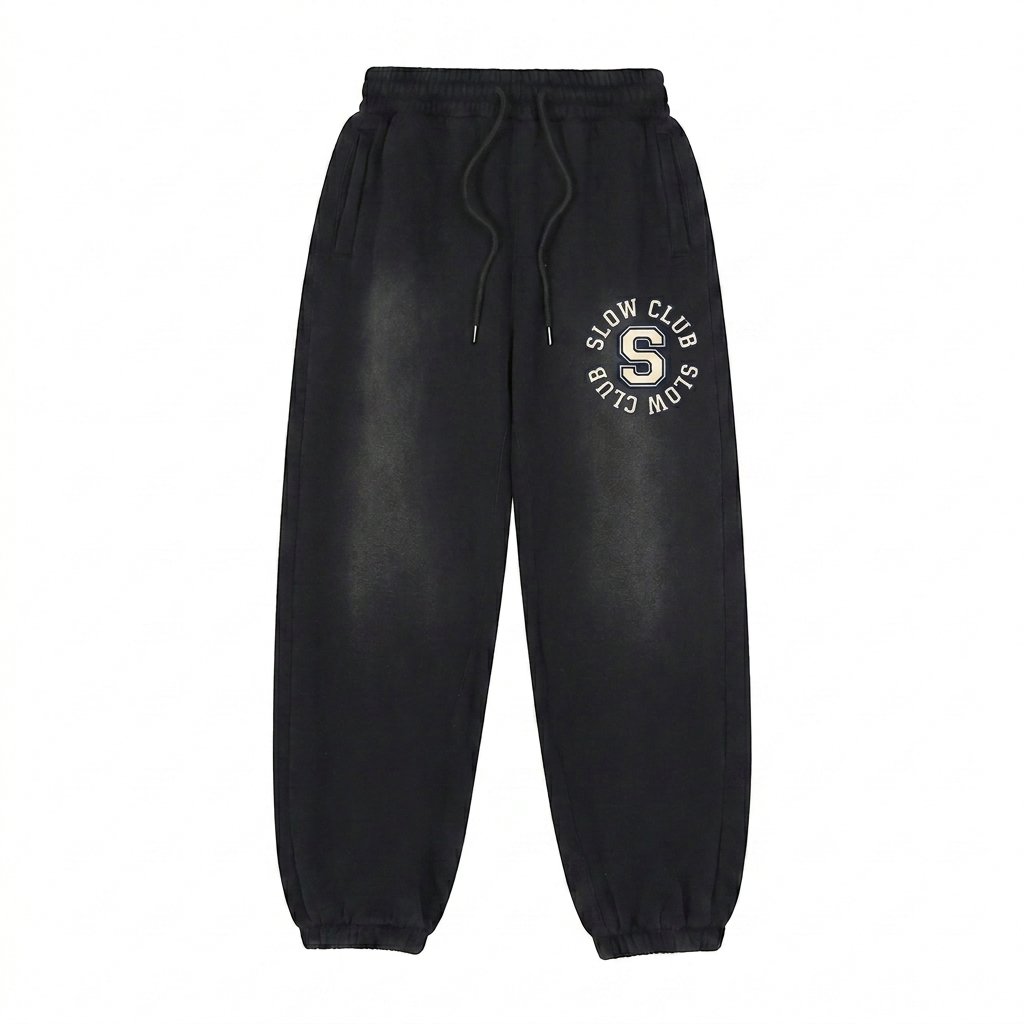Custom Vintage Washed Fleece Jogger Sweatpants design direction 3: Retro Collegiate Emblem featuring the SLOW CLUB wordmark
