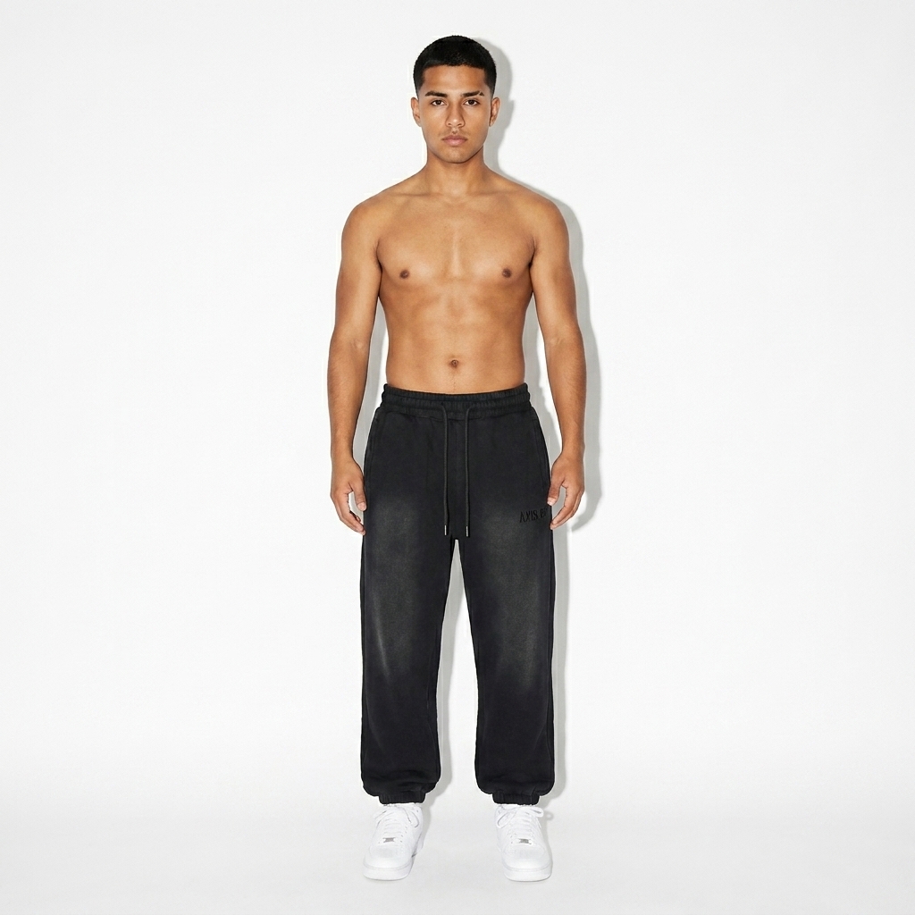 Vintage Washed Fleece Jogger Sweatpants worn by a petite Latino male fashion influencer, workwear utility styling, studio lookbook — custom vintage washed fleece jogger sweatpants