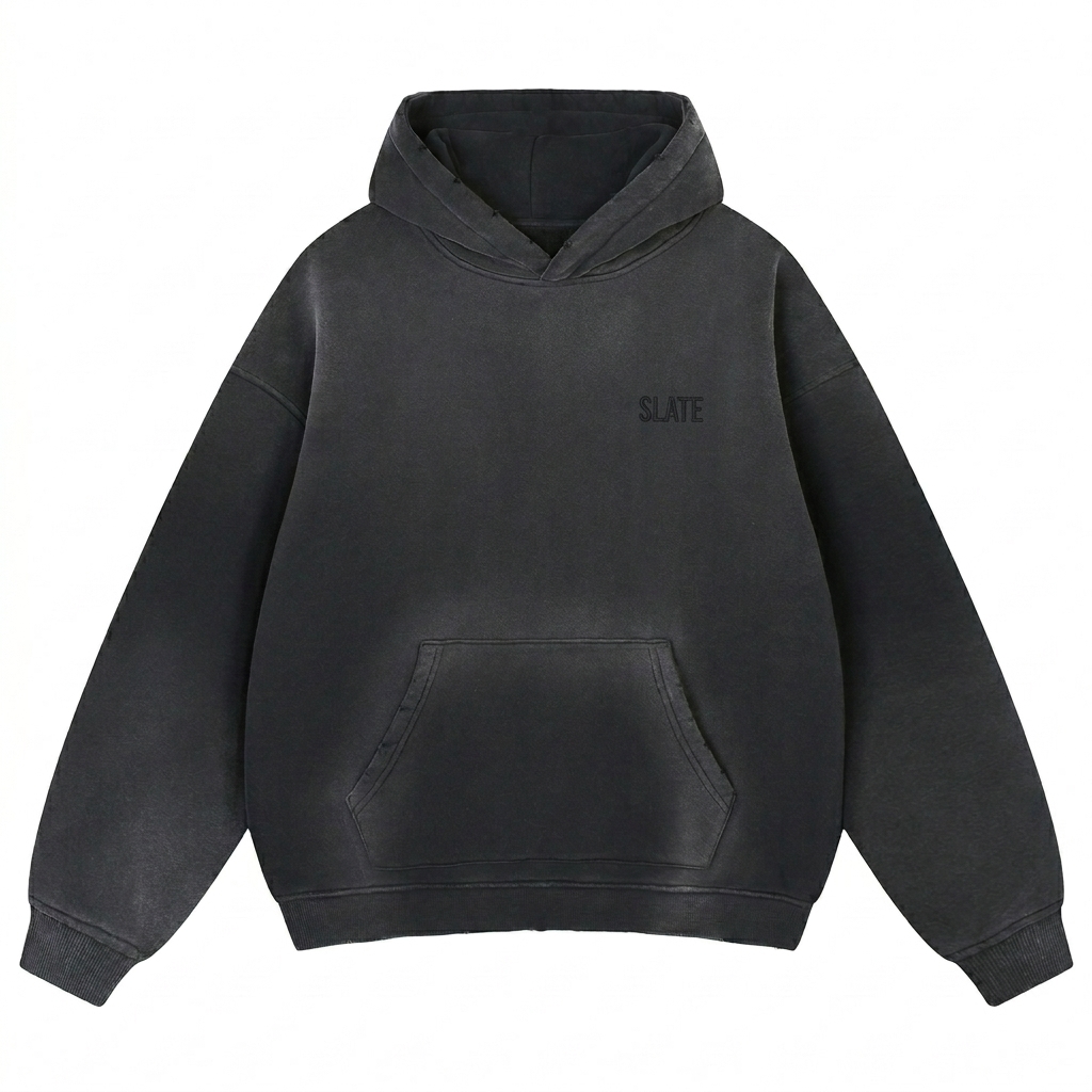 Custom Vintage Washed Frayed Fleece Hoodie design direction 1: Tonal Left Chest Wordmark featuring the SLATE wordmark