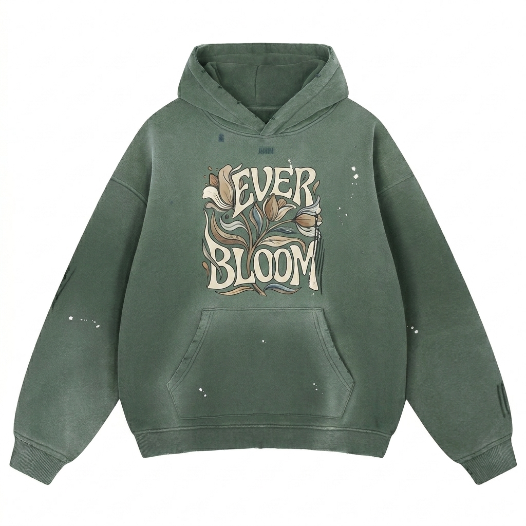 Custom Vintage Washed Frayed Fleece Hoodie design direction 2: Botanical Chest Graphic featuring the EVER BLOOM wordmark