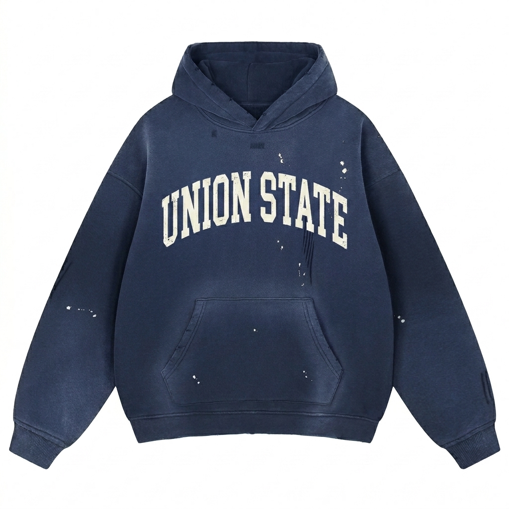 Custom Vintage Washed Frayed Fleece Hoodie design direction 3: Collegiate Arch Wordmark featuring the UNION STATE wordmark