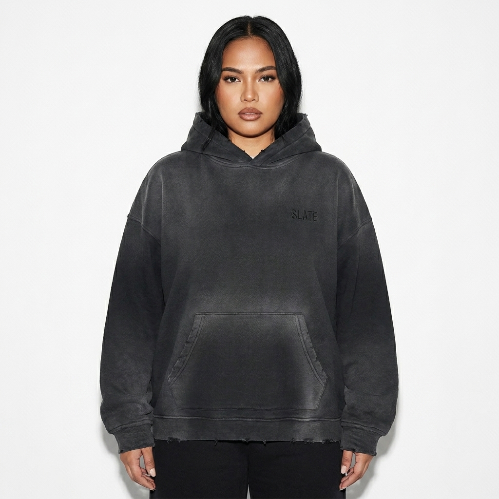 Vintage Washed Frayed Fleece Hoodie worn by a mid-size Filipino female fashion influencer, editorial avant-garde styling, studio lookbook — custom vintage washed frayed fleece hoodie