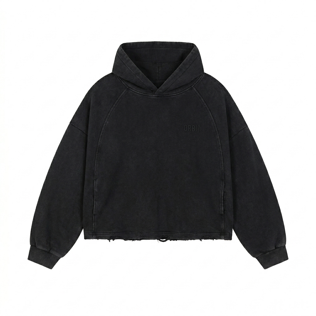 Custom Vintage Washed Frayed-Hem Hoodie design direction 1: Tonal Minimalist Wordmark featuring the ORBIT wordmark