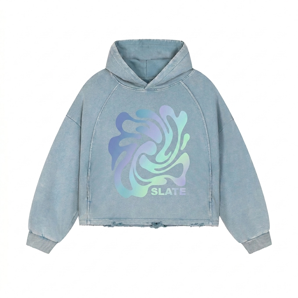 Custom Vintage Washed Frayed-Hem Hoodie design direction 2: Bold Abstract Graphic featuring the SLATE wordmark