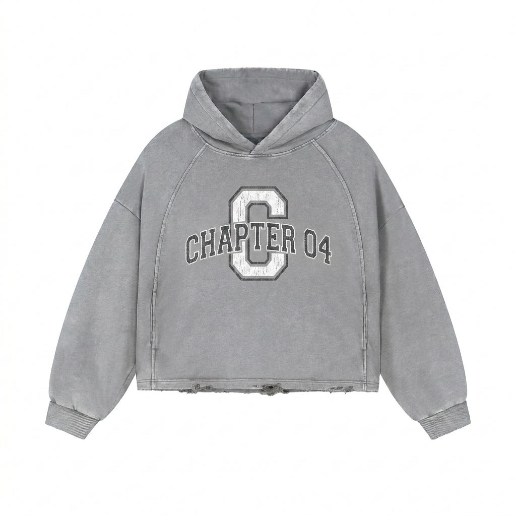 Custom Vintage Washed Frayed-Hem Hoodie design direction 3: Retro Collegiate Emblem featuring the CHAPTER 04 wordmark