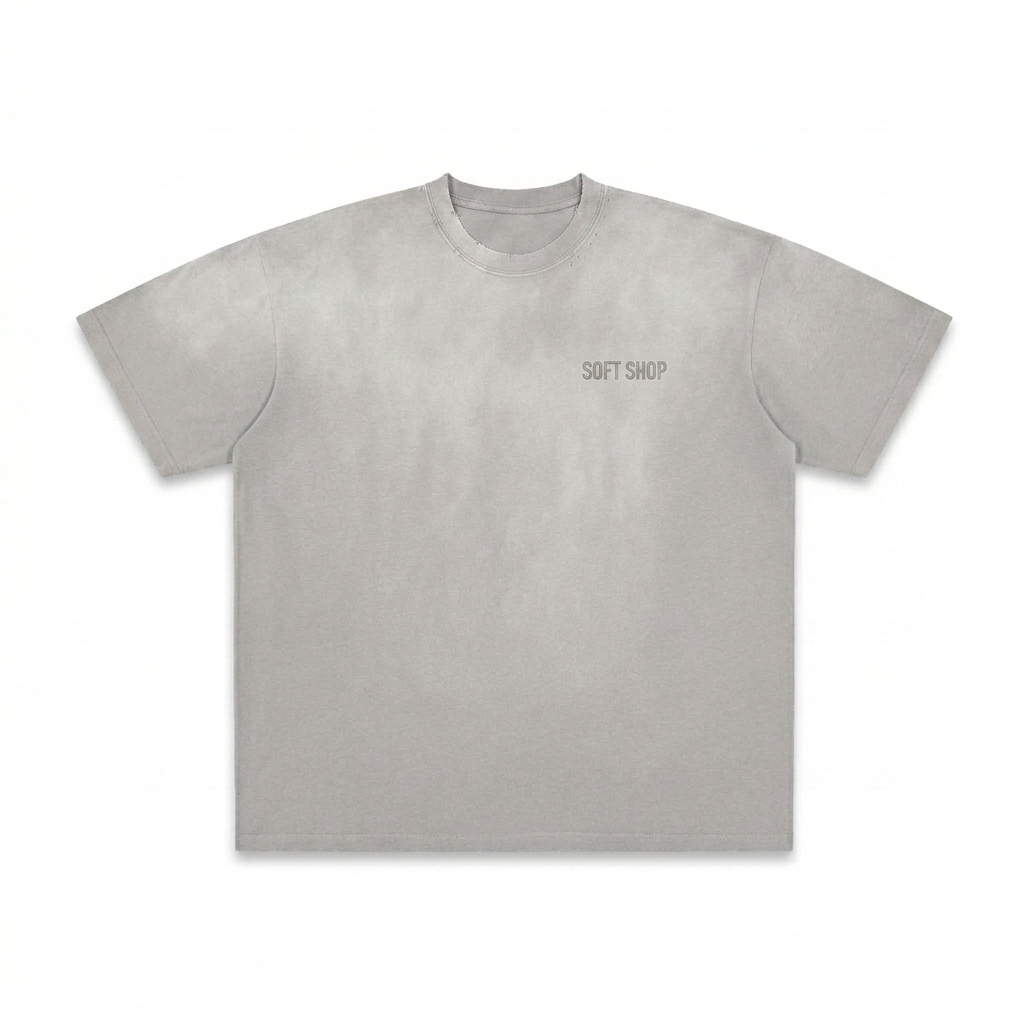 Custom Vintage Washed Frayed T-Shirt design direction 1: Tonal Minimalist Wordmark featuring the SOFT SHOP wordmark