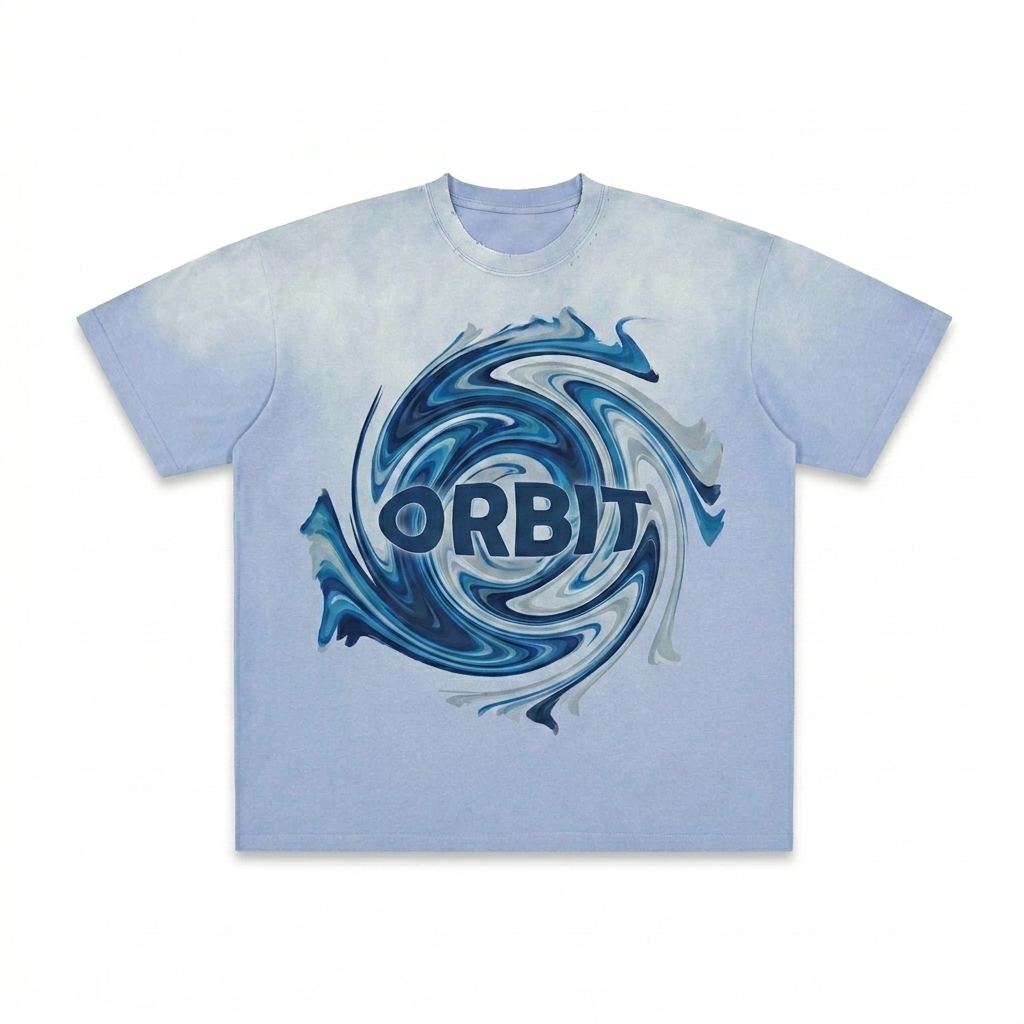 Custom Vintage Washed Frayed T-Shirt design direction 2: Bold Abstract Graphic featuring the ORBIT wordmark