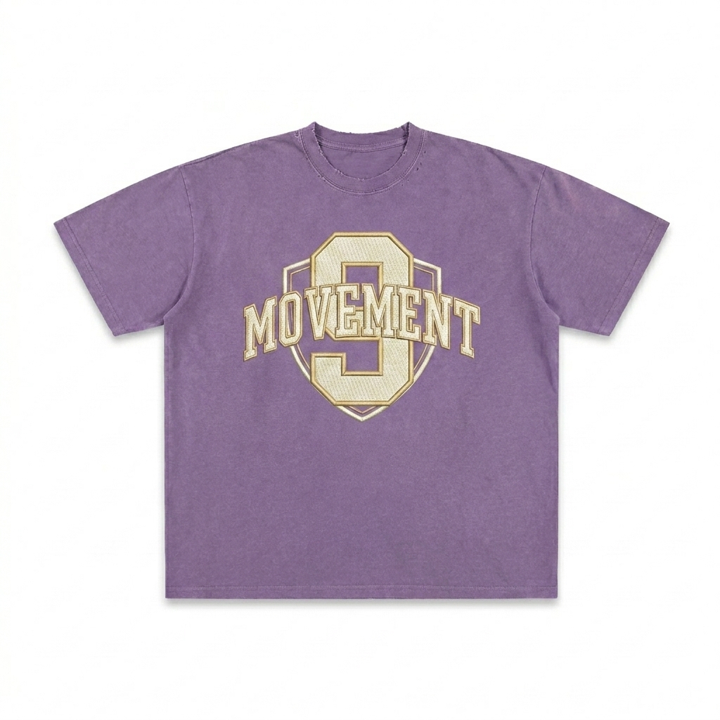 Custom Vintage Washed Frayed T-Shirt design direction 3: Retro Collegiate Emblem featuring the 9TH MOVEMENT wordmark