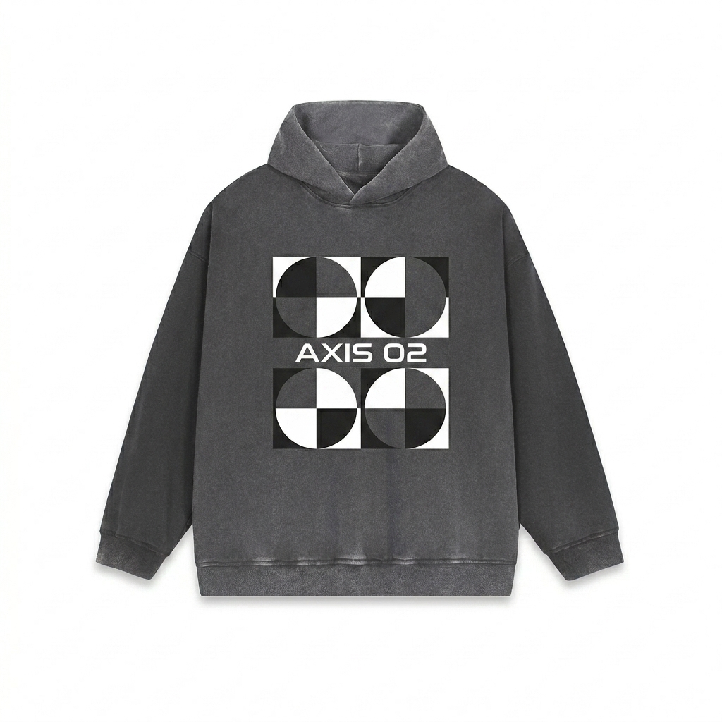 Custom Vintage Washed Gradient Hoodie design direction 2: Abstract Geometric Print featuring the AXIS 02 wordmark