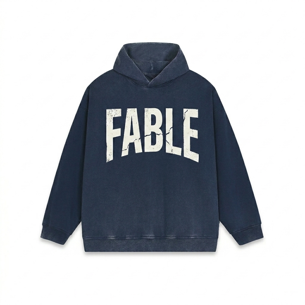Custom Vintage Washed Gradient Hoodie design direction 3: Distorted Type Statement featuring the FABLE wordmark