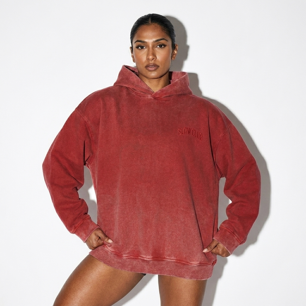 Vintage Washed Gradient Hoodie worn by a athletic muscular South Asian female fashion influencer, y2k revival styling, studio lookbook — custom vintage washed gradient hoodie