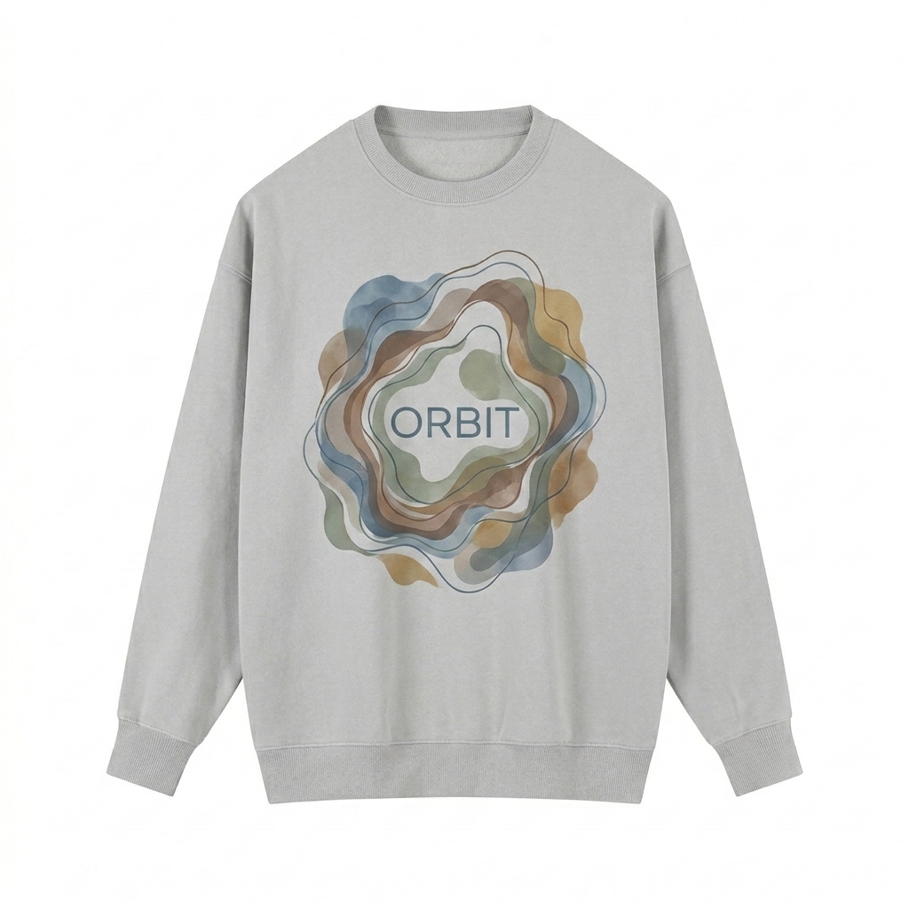 Custom Vintage Washed Heavyweight Crewneck Sweatshirt design direction 2: Abstract Graphic Print featuring the ORBIT wordmark