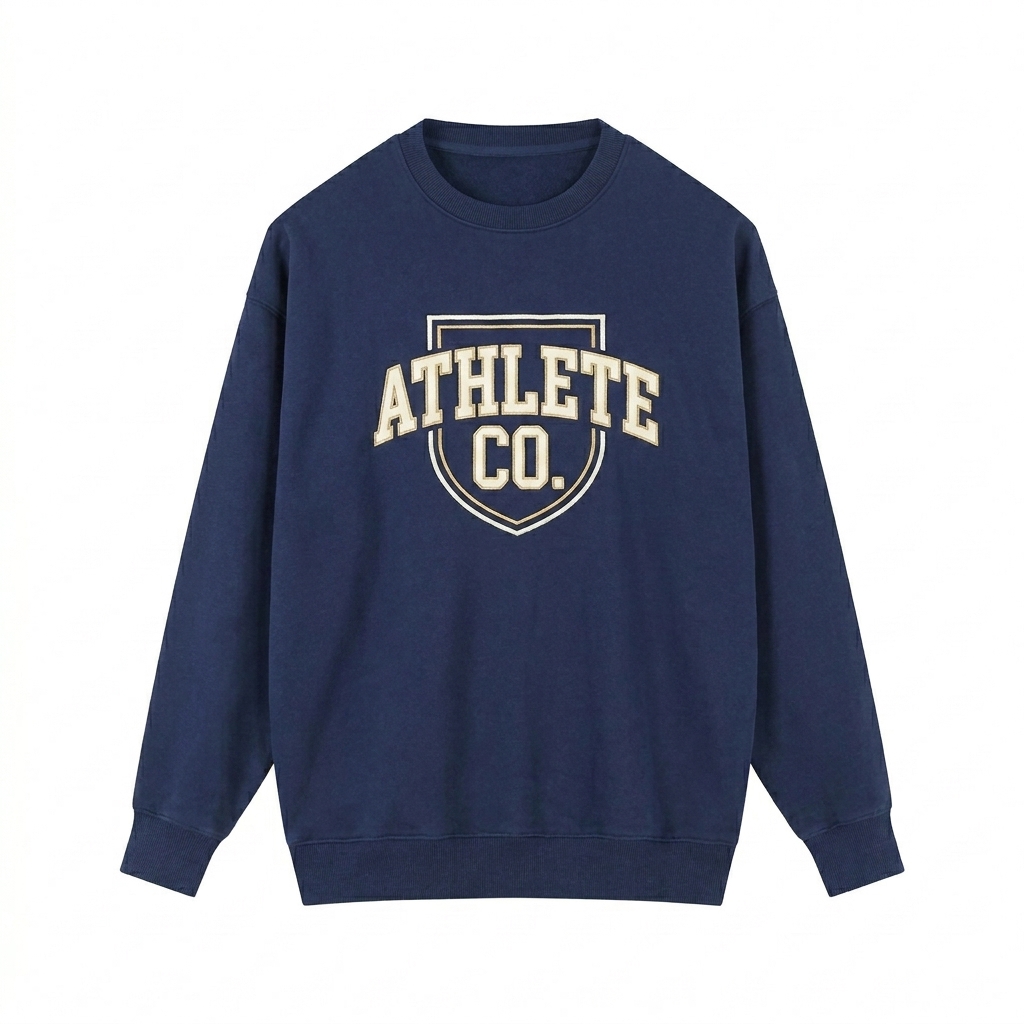 Custom Vintage Washed Heavyweight Crewneck Sweatshirt design direction 3: Retro Collegiate Emblem featuring the ATHLETE CO. wordmark