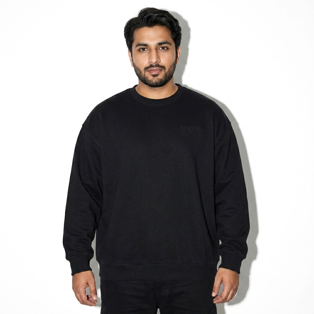 Vintage Washed Heavyweight Crewneck Sweatshirt worn by a mid-size Pakistani male fashion influencer, workwear utility styling, studio lookbook — custom vintage washed heavyweight crewneck sweatshirt