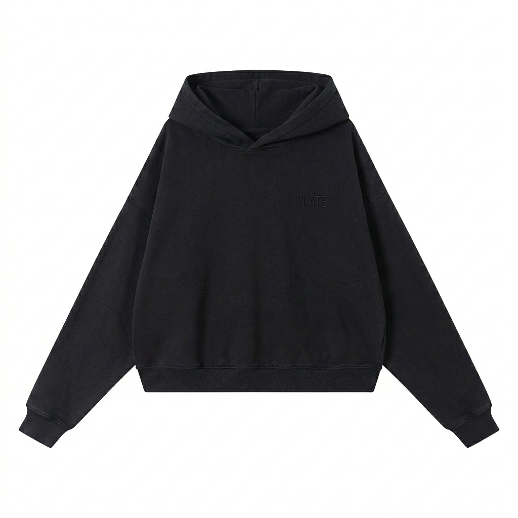 Custom Vintage Washed Heavyweight Hoodie design direction 1: Tonal Luxury Wordmark featuring the SLATE wordmark