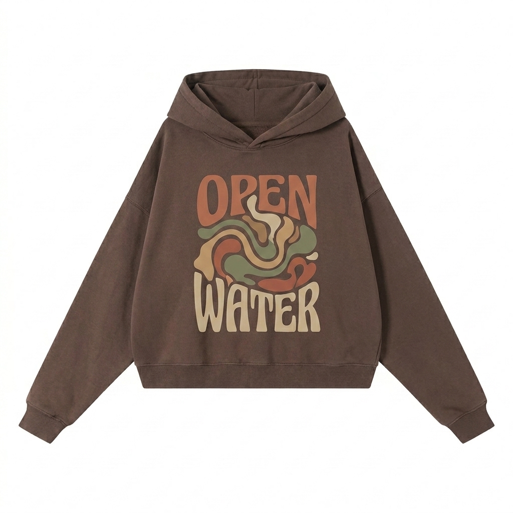 Custom Vintage Washed Heavyweight Hoodie design direction 2: Abstract Graphic Statement featuring the OPEN WATER wordmark