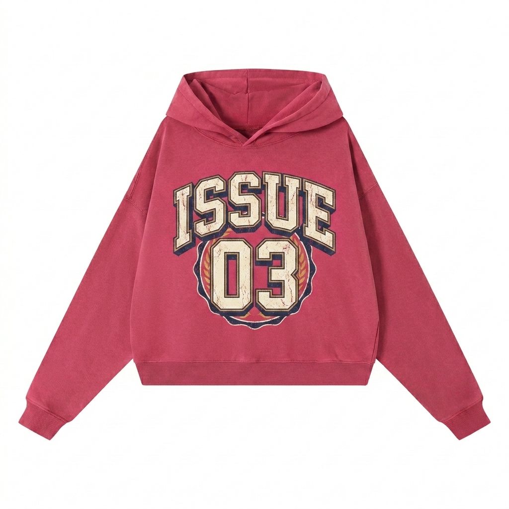 Custom Vintage Washed Heavyweight Hoodie design direction 3: Retro Collegiate Emblem featuring the ISSUE 03 wordmark