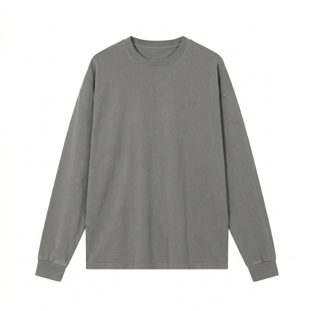 Custom Vintage Washed Long Sleeve T-Shirt design direction 1: Tonal Minimalist Wordmark featuring the SLATE wordmark
