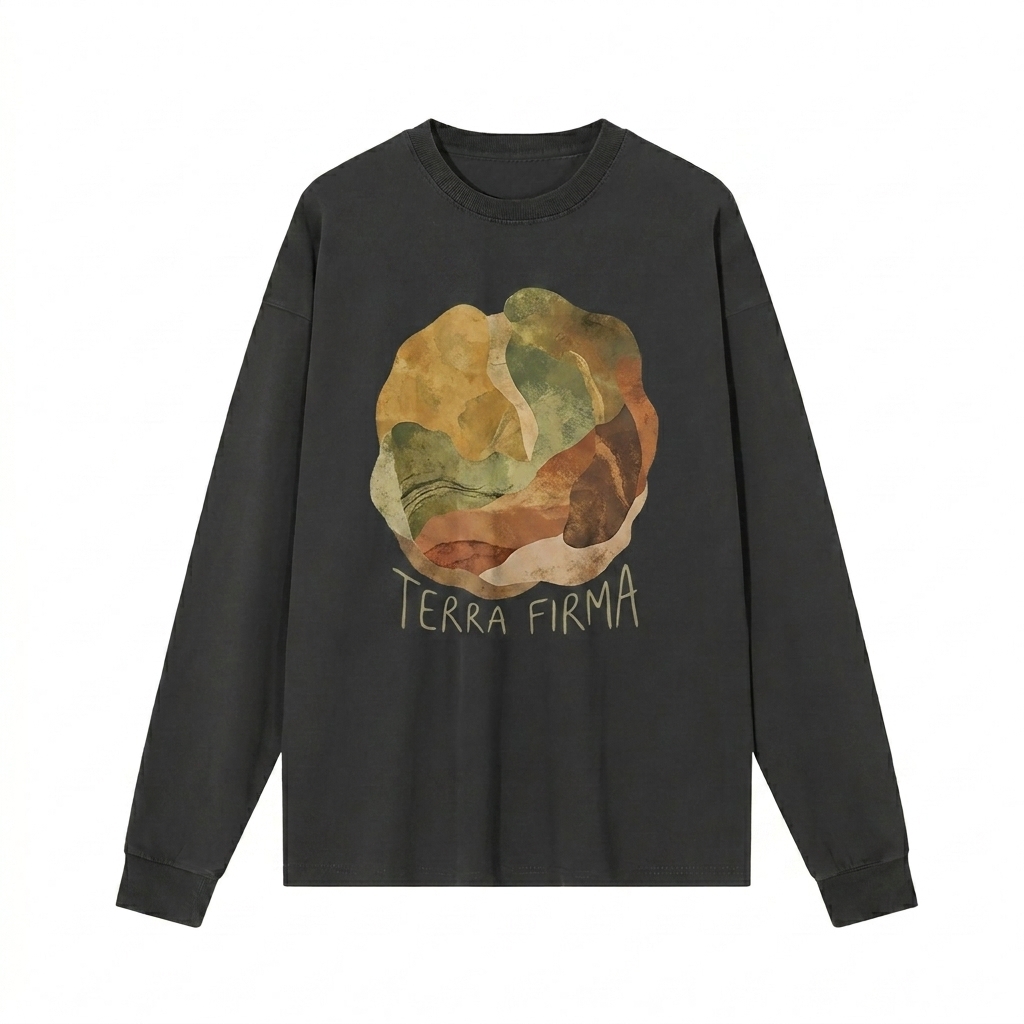 Custom Vintage Washed Long Sleeve T-Shirt design direction 2: Bold Abstract Graphic featuring the TERRA FIRMA wordmark