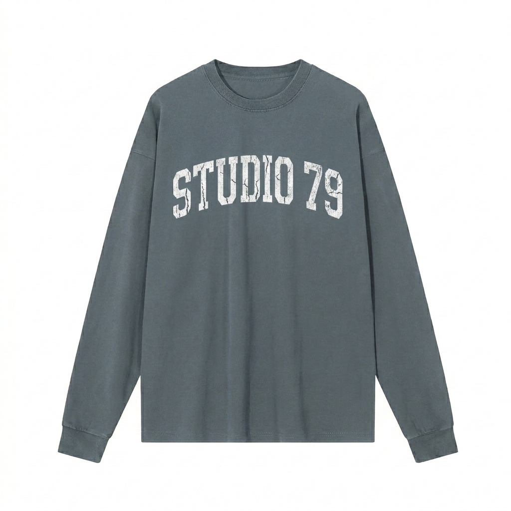 Custom Vintage Washed Long Sleeve T-Shirt design direction 3: Retro Collegiate Typography featuring the STUDIO 79 wordmark