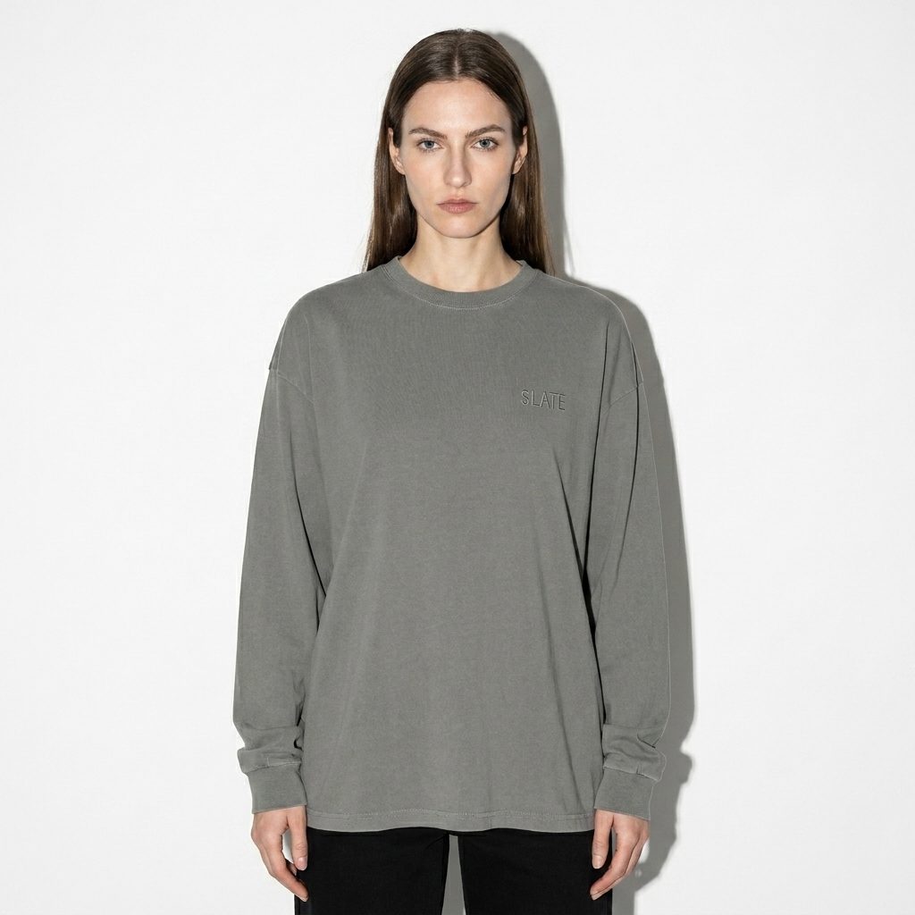 Vintage Washed Long Sleeve T-Shirt worn by a slim tall White European female fashion influencer, minimalist luxury styling, studio lookbook — custom vintage washed long sleeve t-shirt