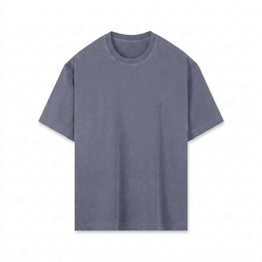 Custom Vintage Washed Oversized T-Shirt design direction 1: Tonal Minimalist Wordmark featuring the SLATE wordmark