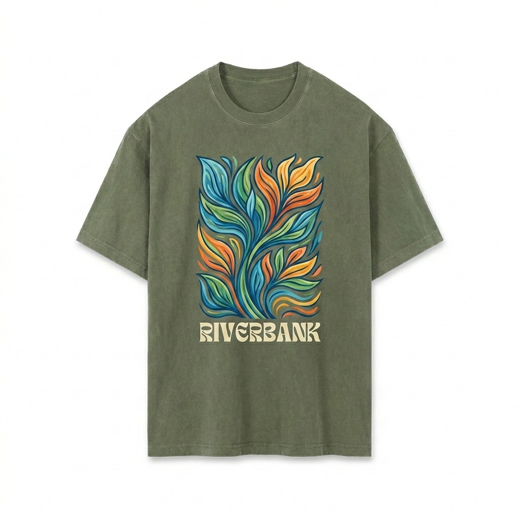 Custom Vintage Washed Oversized T-Shirt design direction 2: Bold Graphic Illustration featuring the RIVERBANK wordmark