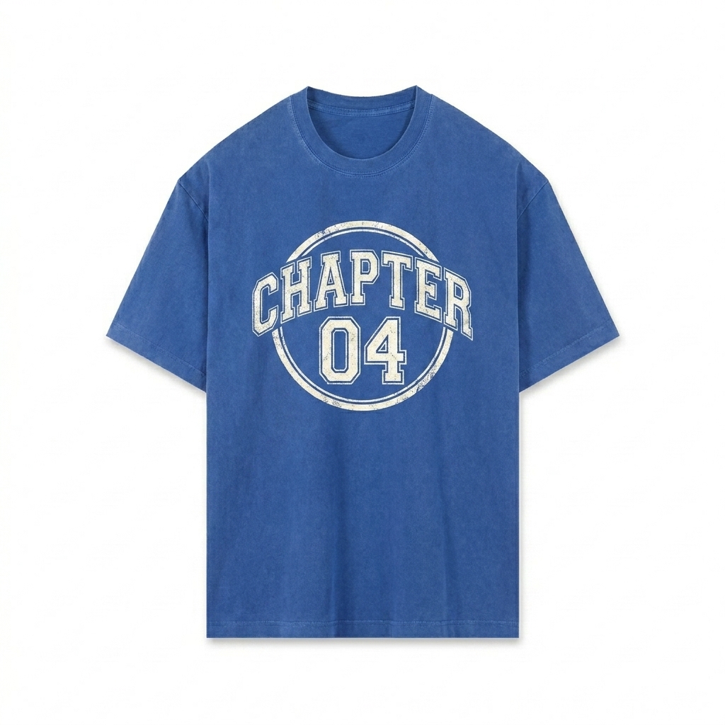 Custom Vintage Washed Oversized T-Shirt design direction 3: Retro Collegiate Emblem featuring the CHAPTER 04 wordmark