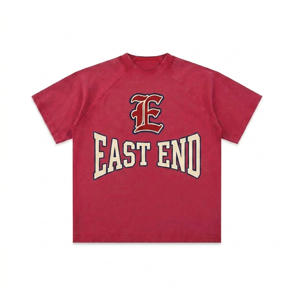 Custom Vintage Washed Raglan T-Shirt design direction 1: Retro Collegiate Emblem featuring the EAST END wordmark