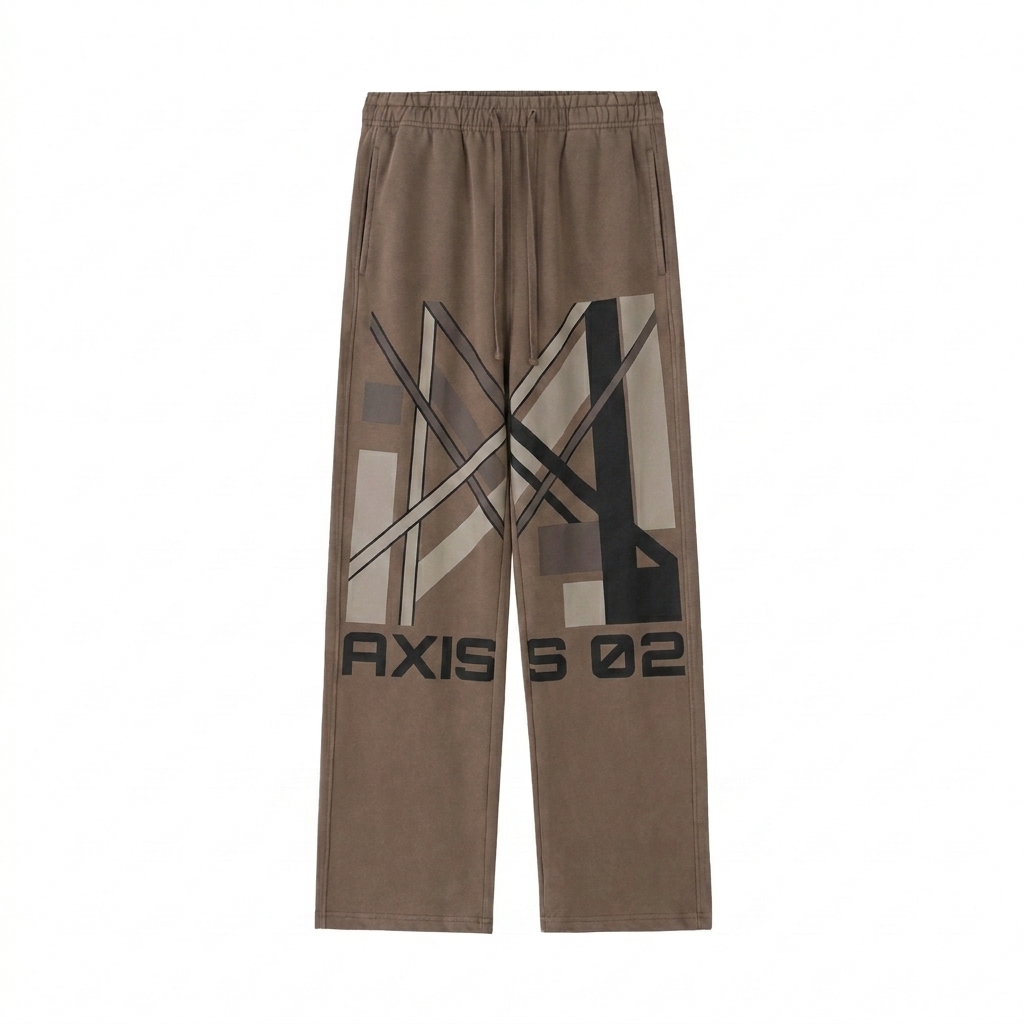 Custom Vintage Washed Sweatpants design direction 2: Bold Abstract Graphic featuring the AXIS 02 wordmark