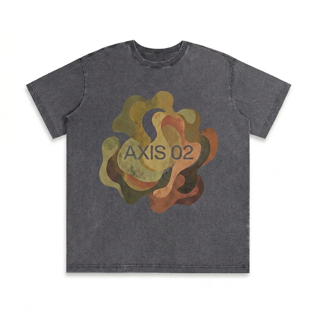 Custom Vintage Washed T-Shirt design direction 2: Abstract Graphic featuring the AXIS 02 wordmark